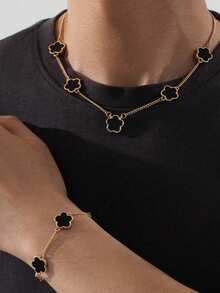 1pc Men's Fashion Business Style Lucky Clover Pendant Necklace With Chain & Bracelet Set, Valentine's Gift - Five Leaf Clover - View 1