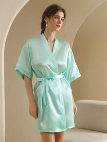 Women's Silk Nightgown Wedding Dressing Robe Lightweight Cardigan Robe Bridal Morning Robe Friend's Robe, Suitable For Home And Hotel Wear. - Turquoise - View 5