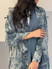 2pcs/Set Modest Style Muslim Women Chiffon Printed With Headscarf Summer Casual Jacket Set - Blue - View 3