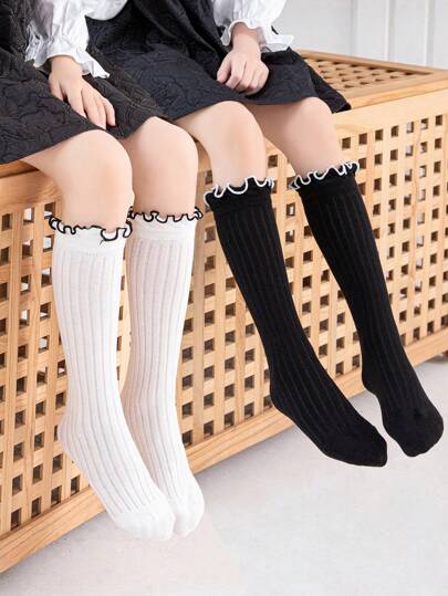 2双装女童过膝袜，儿童纯色/条纹船袜，带荷叶边，百搭可爱，适合日常穿着，搭配休闲鞋，返校季，学生款