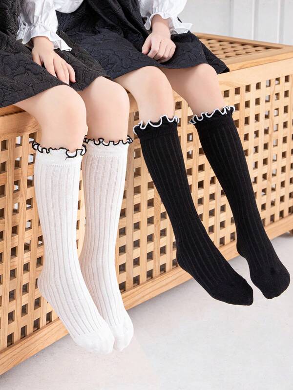 2/1 Pair Girls Knee High Socks, Children Solid Color/Striped Crew Socks With Ruffle Trim, Versatile & Cute, Suitable For Daily Wear, Matching With Casual Shoes, Back To School Season, Students