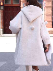 女士长款蓬松连帽加厚保暖蓬松外套 - 白色 - 查看 5