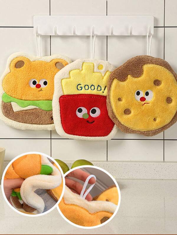 Cute Coral Fleece Hand Towel, Cartoon Fries And Hamburger Hanging Towel, Three-Layer Thick Baking Towel, Strong Absorbent Kitchen Towel, Cleaning Rag Tool, Rag Handkerchief, Bathroom Absorbent Square Towel, Thickened And Enlarged Towel - Can Be Used As A Placemat, No Fading, No Linting, Soft And Skin-Friendly, A Variety Of Styles Are Available. Can Be Used To Wipe Ceramics/Tableware/Glass