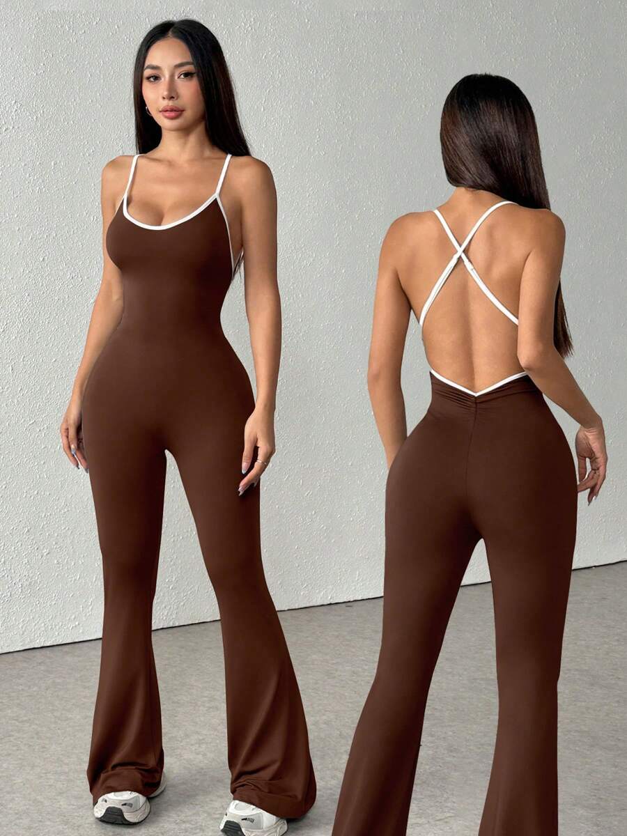 1pc Sleeveless Solid Color Thin Camisole Contrast Color Tight Jumpsuit Wide Leg Flare Casual Sexy Backless Romper Shapewear Bodysuit - Brown - View 1