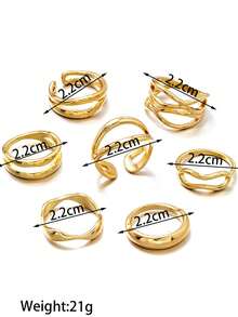 Bộ 7 chiếc nhẫn kim loại vàng dày dặn, kiểu dáng tối giản đan chéo, nhẫn xếp chồng đơn giản, quà tặng trang sức dành cho phụ nữ và người lớn. - Vàng - Xem 2