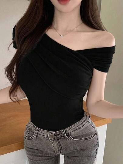 New Sexy Slash Neck Cutout Clavicle T-Shirt, Women Short Sleeve Fitted Unique Design Top