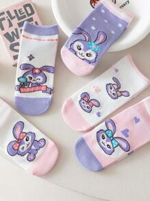 Disney 5 Pairs Girls/Kids Casual Cartoon Socks, Purple Tone Rabbit, Heart, Bowknot Patterns, Cute Style, Ankle Socks, Suitable For Students Daily, Back To School Season, All Season