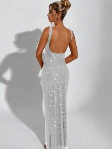 Elegant Sexy Spaghetti Strap Sequin Mesh Rhinestone Backless Dress, Showcasing Feminine Charm, Suitable For Parties, Birthdays, Graduations And Other Occasions - Silver - View 4