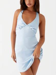 Women's Halter Neck Mini Tank Dress Sleeveless Deep V Neck Tie Back Solid Color/Floral Bodycon Short Dress Summer Backless Going Out Dresses College Graduation Party Club Y2k Dress - 淺藍色 - 查看 1