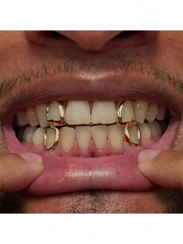 4pcs/2pcs/1PC Hallowmas Teeth Jewelry Hip Hop Simple And Fashionable 14K Gold Plating Hollowed-Out Teeth Copper Material Has A Smooth Surface Grillz Gold Grills For Teeth Grills For Teeth Women&Grills For Teeth Men Jewelry