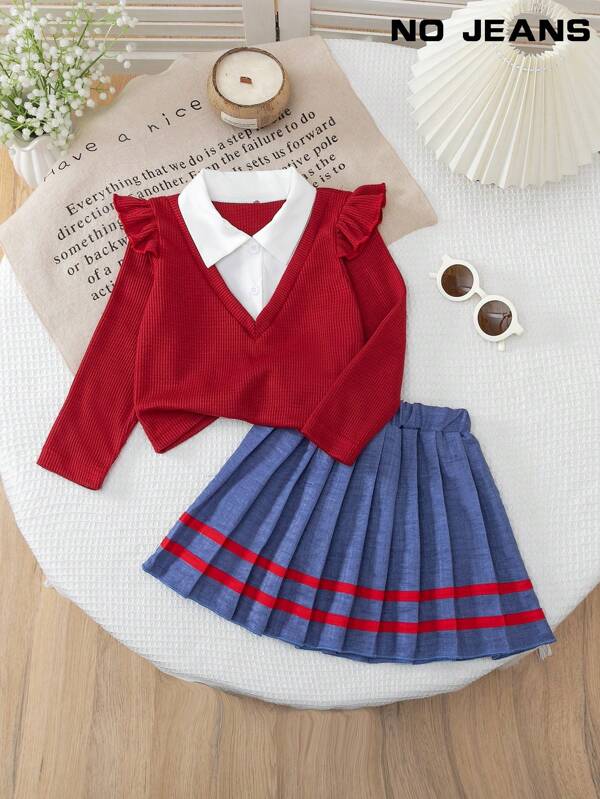 Conjunto informal de niña con polo de manga larga a rayas y cuello alto 2 en 1 con parte superior y falda plisada de cintura elástica, adecuado para actividades diarias, en casa y al aire libre en verano