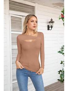 Womens Fashion Fall Cutout Long Sleeve Ribbed Slim Fitted Tops Shirts Tee Tshirts - 長卡其色 - 查看 2