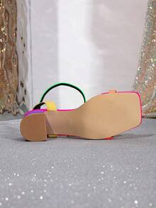 Spring/Summer Women's New Arrival Color Block Buckle Strap Fashionable Elegant Chunky Heel Square Toe Sandals, Suitable For Commute, Party, Formal Dress - Multicolor - View 6