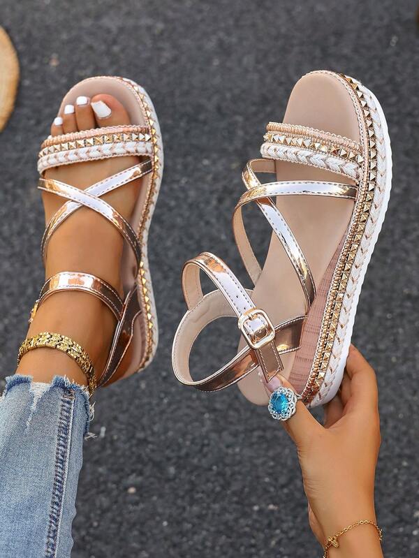 Summer Formal Thick Sole Beach Wedge Sandals, Rivet Bohemian Style Open Toe Ankle Strap, Breathable Comfortable Casual Elegant Flat Shoes