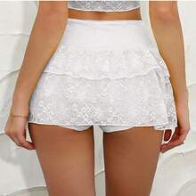 Women's Lace Ruffle Drawstring Pleated Cute Cake Mini Skirt, Suitable For Gathering, Shopping, Party, White