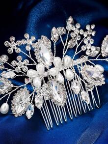 1 件女士奢华珍珠水晶钻石装饰发梳，新娘发髻发饰 - 銀色 - 查看 6