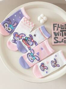 Disney 5 Pairs Girls/Kids Casual Cartoon Socks, Purple Tone Rabbit, Heart, Bowknot Patterns, Cute Style, Ankle Socks, Suitable For Students Daily, Back To School Season, All Season