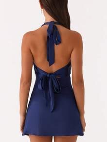 Women's Halter Neck Mini Tank Dress Sleeveless Deep V Neck Tie Back Solid Color/Floral Bodycon Short Dress Summer Backless Going Out Dresses College Graduation Party Club Y2k Dress - 藏蓝色 - 查看 2