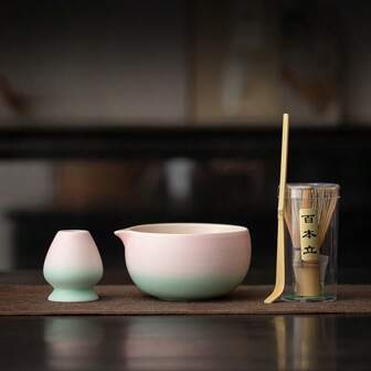 4pcs Set New Ombre Pink To Green Ceramic Matcha Tea Ceremony Set - Elegant Ceramic Design, Ideal For Green Tea Lovers - Perfect Christmas, Thanksgiving And Mother's Day Gift, Matcha Green Tea Set | Elegant Ceramic Ware | Tea Party Accessories, Home Daily Use, Deluxe Gift Box Packaging