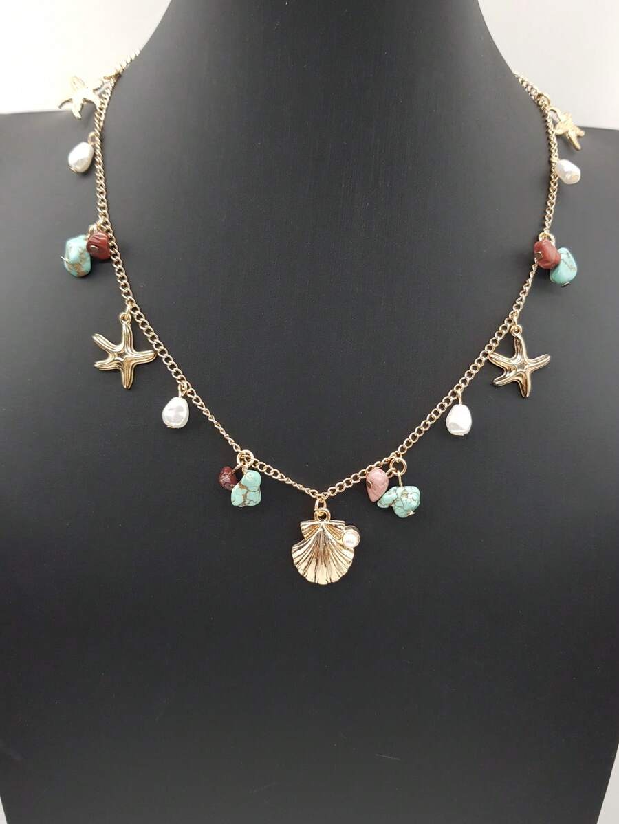 Boho Necklace Vintage Seashell Starfish Faux Pearl Turquoise Decor Clavicle Chain Elegant Necklace Jewelry Accessories For Women