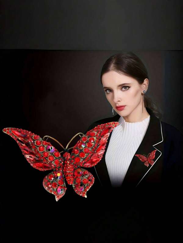 1pc Elegant Fashion Colorful Butterfly Brooch, Red Rhinestone Butterfly Lapel Pin Jewelry Accessory, Graceful Gift For Anniversary