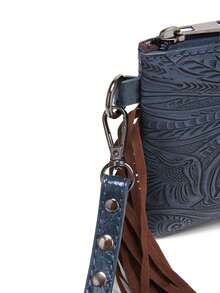 Fringed Crossbody Bag Intricate Embossing, Colorful Weave, Perfect For Adding Bohemian Vibe - 藍色 - 查看 8