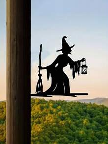 1pc Enchanting Witch & Cat Garden Decor - Iron Yard Art With Flying Broomstick, Perfect For Halloween & Outdoor Spaces, Tree Stump Insert, Outdoor Garden Decor|Spooky Theme Decor|Iron Construction, Witch DecorA Perfect Halloween Gift For Lovers, Parents And Friends. - Multicolor - View 5