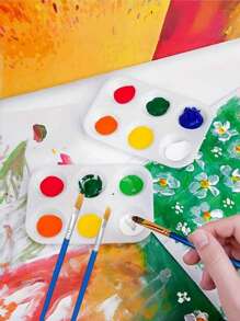 10pcs 6-Hole Palette With 2 Blue Paintbrushes, Acrylic & Watercolor Painting Art Supplies, Compact & Portable, Easy To Clean, Back To School Stationery