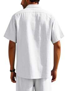 Hawaiian Style Linen Loose Casual Henley Collar Short Sleeve Shirt - White - View 3