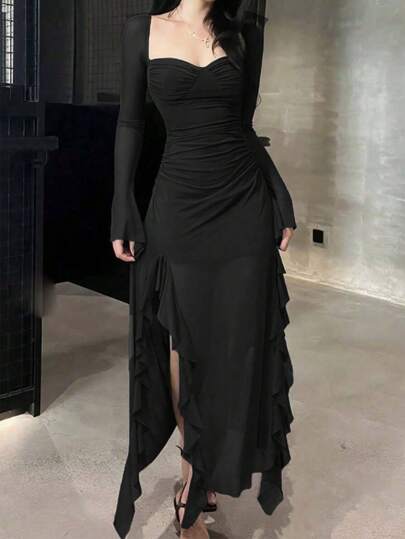 Women's Elegant Casual Ruffle Hem Long Sleeve Mesh Dress, Suitable For Fall, Concerts, Christmas, Going Out, Wedding Guests, Clubs, And Fairy-Inspired Looks