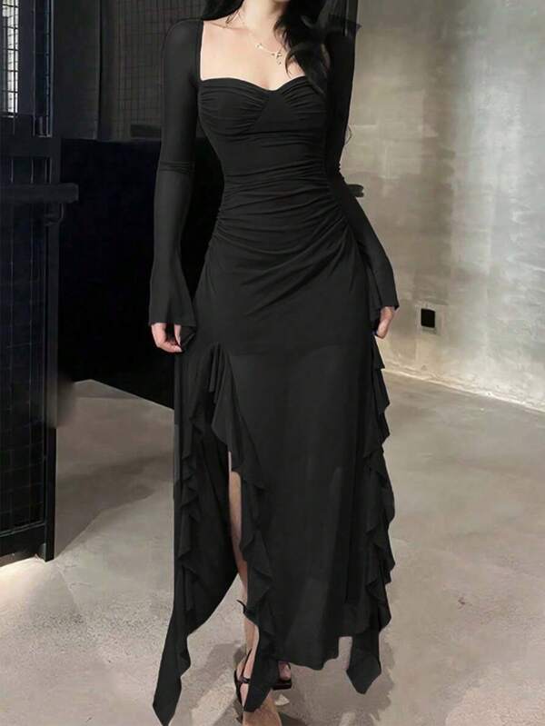 Elegancka, swobodna sukienka damska z długim rękawem i falbanką na dole, idealna na jesień, koncerty, Boże Narodzenie, wyjścia, wesela, do klubów i stylizacje inspirowane wróżkami