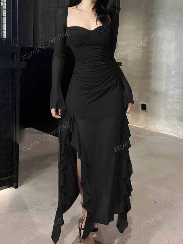 Vestido de manga larga con volantes y malla, elegante y casual, adecuado para otoño, conciertos, Navidad, salidas, invitados de boda, ropa de club