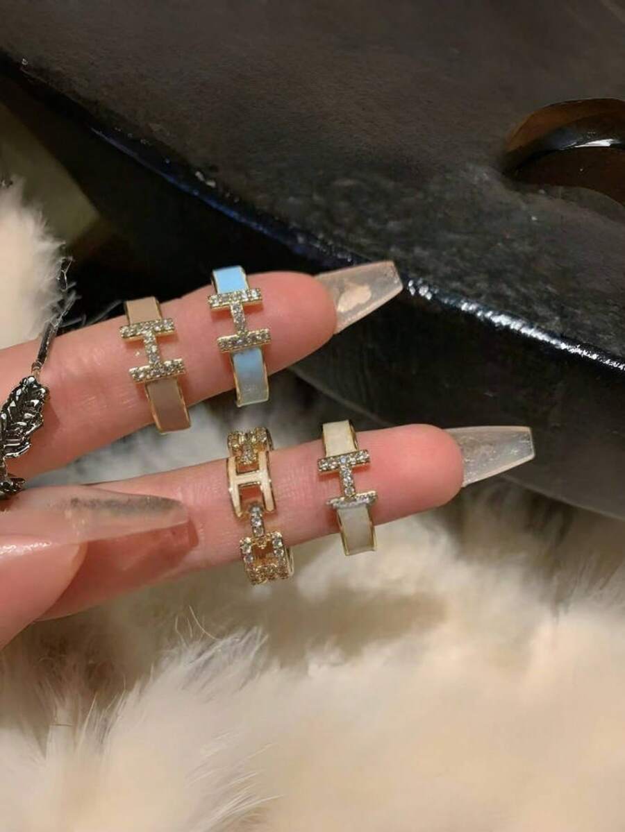 4 件套奢华字母 H 珐琅微镶嵌戒指，女士镂空感戒指，独特小众戒指