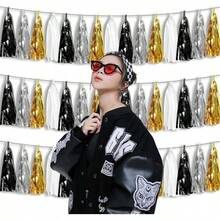 3P Metallic Fringe Tassel Banner Garland Foil Tinsel Streamer Wall Hanging Curtain Backdrop Banner For Parade Floats, Graduation Decorations, Father's Day Party Decoration(Silver)Halloween Christmas New Year - Black Gold Silver - 查看 4