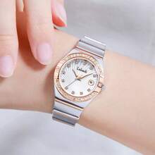 Eine Damenuhr in Roségold mit mehrfarbigem Zifferblatt, Roségold Edelstahl-Armband, Diamant-Stundenmarkierungen und Quarz-Uhrwerk, geeignet für den täglichen Gebrauch, Modell LA391.