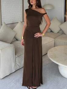 女士优雅纯色不对称领口扭纹夏季派对俱乐部夜场度假长裙 - 咖啡棕 - 查看 8
