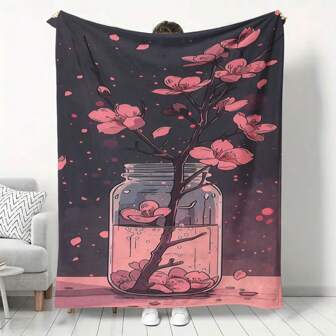 Couverture douce, chaude et confortable avec imprimé fleurs de cerisier en peluche, convient pour la maison, la cuisine, le canapé et le camping