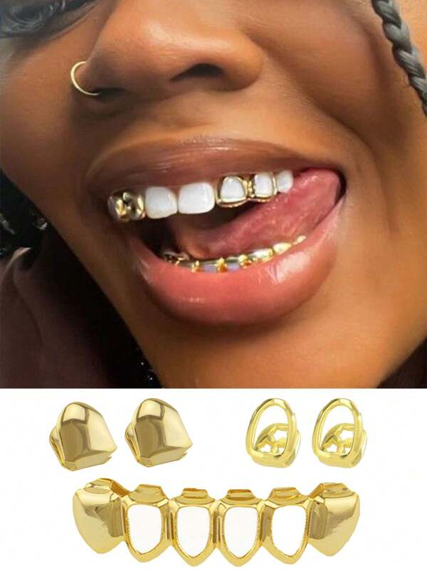 1 Set Fashionable Tooth Decor - Single Solid Tooth, Single Hollow Tooth, 4 Hollow Bottom Teeth, Versatile For Party, Daily Wear, Vacation. Includes Adjustable Adhesive For Easy Wear.