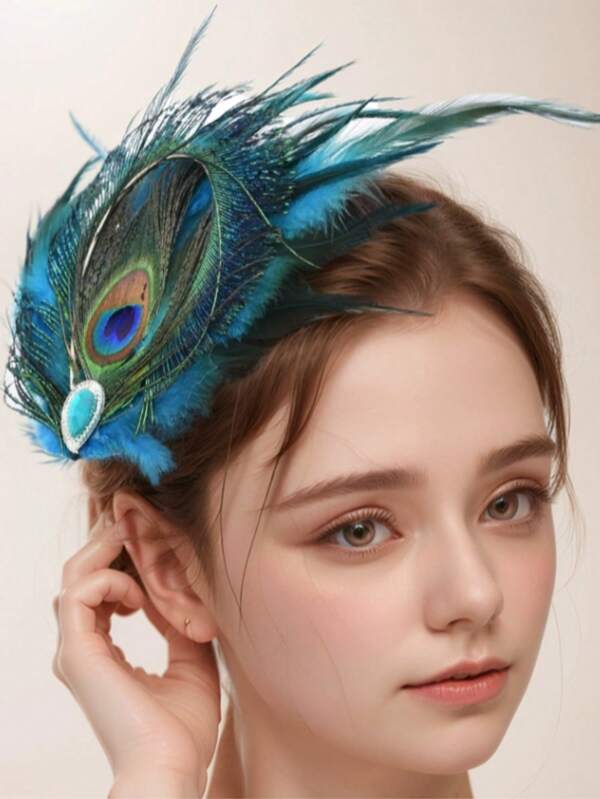 Bohemian Simulated Gem Peacock Feather Side Clip Exotic Style Hairpin, Stage Performance Feather Hair Accessory For Women