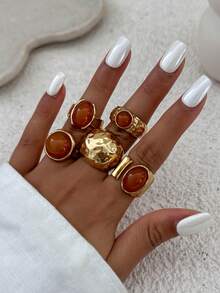5pcs/Set Retro European Style Luxury Rhinestone Inlaid Rings, Asymmetrical Thick Metal Gold Color Ring Set, Women's Decoration Jewelry Suit For Daily Party And Banquet - Yellow Gold - View 6