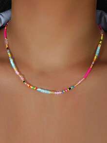 女士串珠项链，彩色彩虹波西米亚风混合串珠水晶项链，颈链，沙滩饰品（珠子颜色随机） - 彩色 - 查看 6