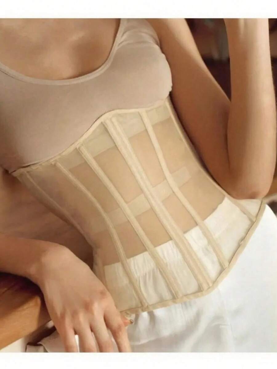 1 件女式紧身胸衣网眼透明腰部束腰性感束身衣万圣节服装 - 杏色 - 查看 1