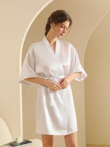 Women's Silk Nightgown Wedding Dressing Robe Lightweight Cardigan Robe Bridal Morning Robe Friend's Robe, Suitable For Home And Hotel Wear. - White - View 6