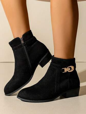 Women's Autumn Winter New Plain Thick Heel Belt Buckle Side Zipper Short Boots, Casual Versatile Chelsea Ankle Boots,Boots For Women