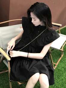 简约黑色盖袖连衣裙，无袖，高品质，修身，优雅迷你连衣裙，适合夏季 - 黑色 - 查看 3