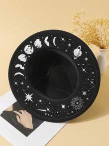 1pc Unisex Flat-Brimmed Jazz Hat, Printed With Celestial Elements, Suitable For Halloween And All Seasons, Autumn/Winter