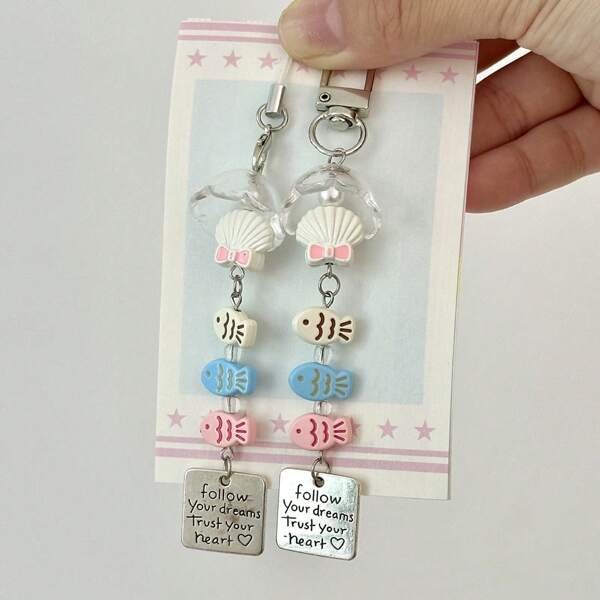 1pc Creative Cute Summer Shell & Tiny Fish Shaped Phone Charm/Pendant, Mini Backpack Accessory