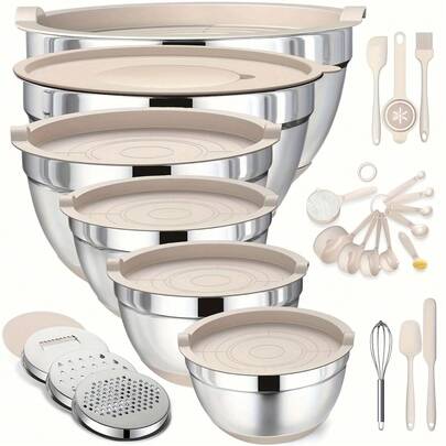 TAIMASI Mixing Bowls With Airtight Lids Set, 26PCS Stainless Steel Khaki Bowls With Grater Attachments, Non-Slip Bottoms & Kitchen Gadgets Set, Size 7, 4, 2.5, 2.0,1.5, 1QT, Great For Mixing & Serving