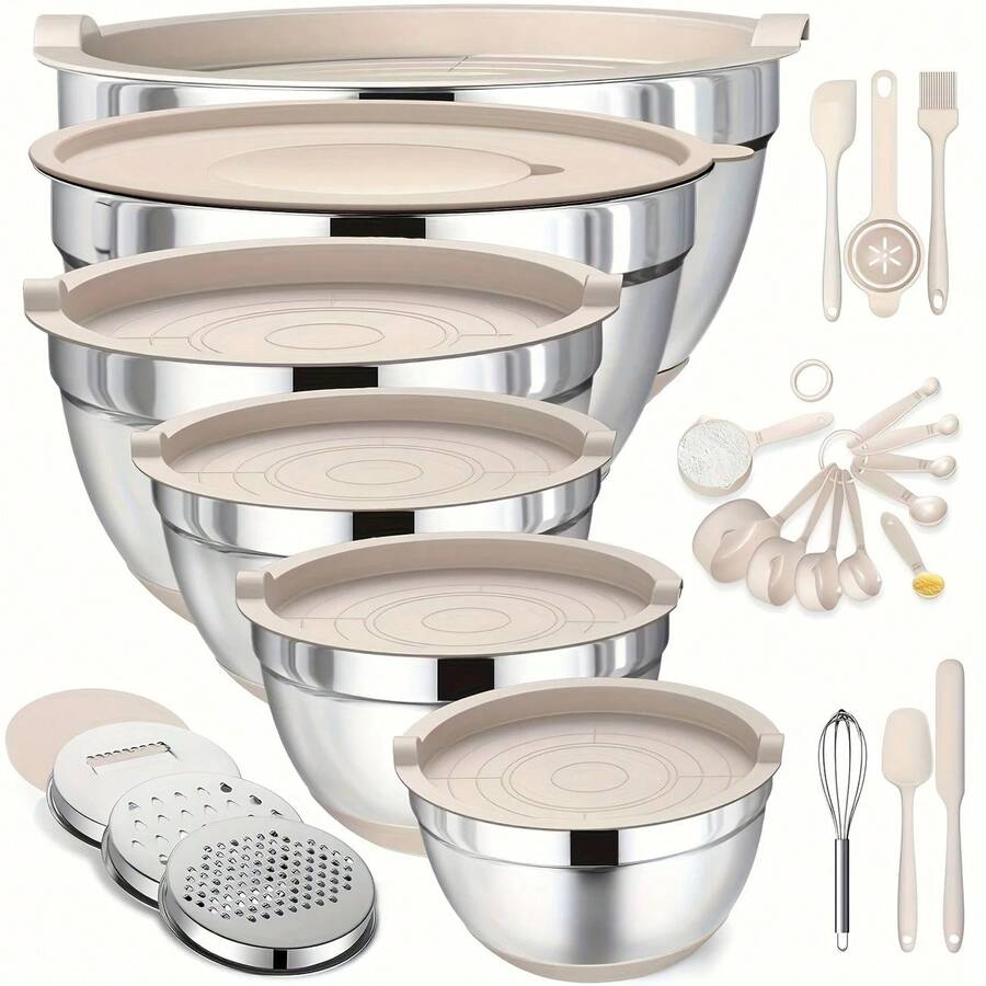 TAIMASI Mixing Bowls With Airtight Lids Set, 26PCS Stainless Steel Khaki Bowls With Grater Attachments, Non-Slip Bottoms & Kitchen Gadgets Set, Size 7, 4, 2.5, 2.0,1.5, 1QT, Great For Mixing & Serving - 彩色 - 查看 1
