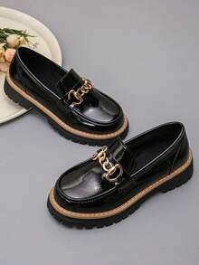 女士厚底玛丽珍鞋，纯色波西米亚风优雅复古金属链条时尚百搭套脚女鞋，适合办公室穿着，女士乐福鞋 - 黑色 - 查看 6